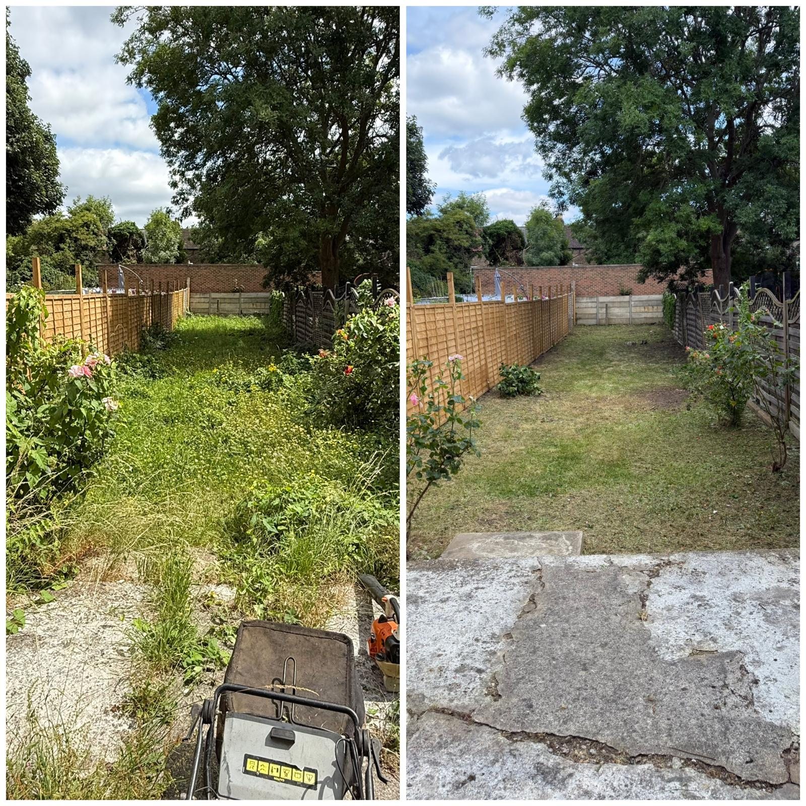 Before and after long garden lawn cut and clearance