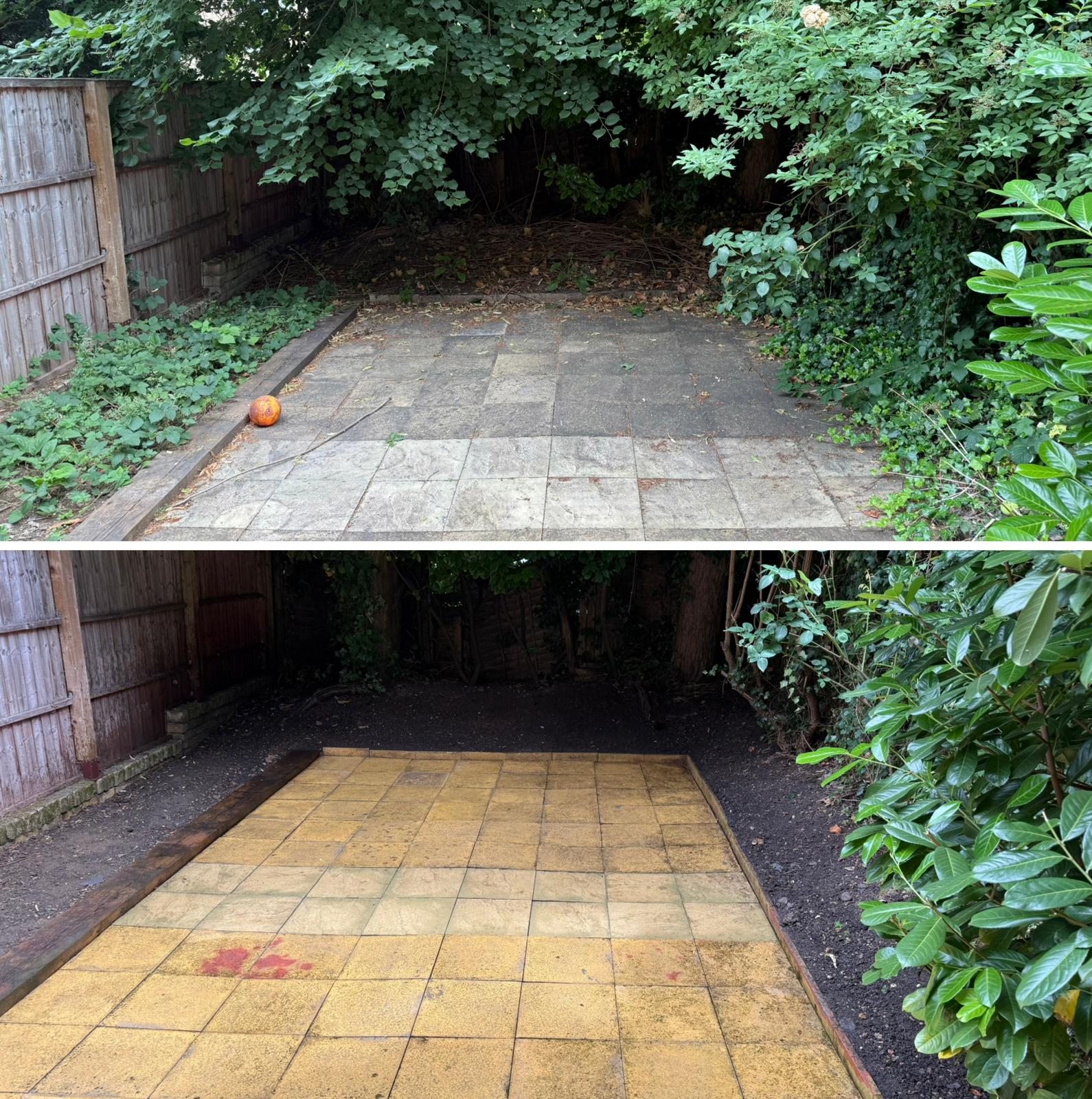 Before and after patio border clearance with weeds removed
