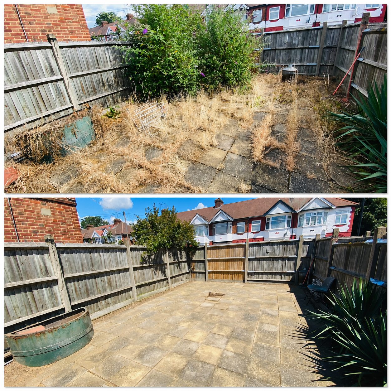 Before and after patio clearance with dried weeds removed