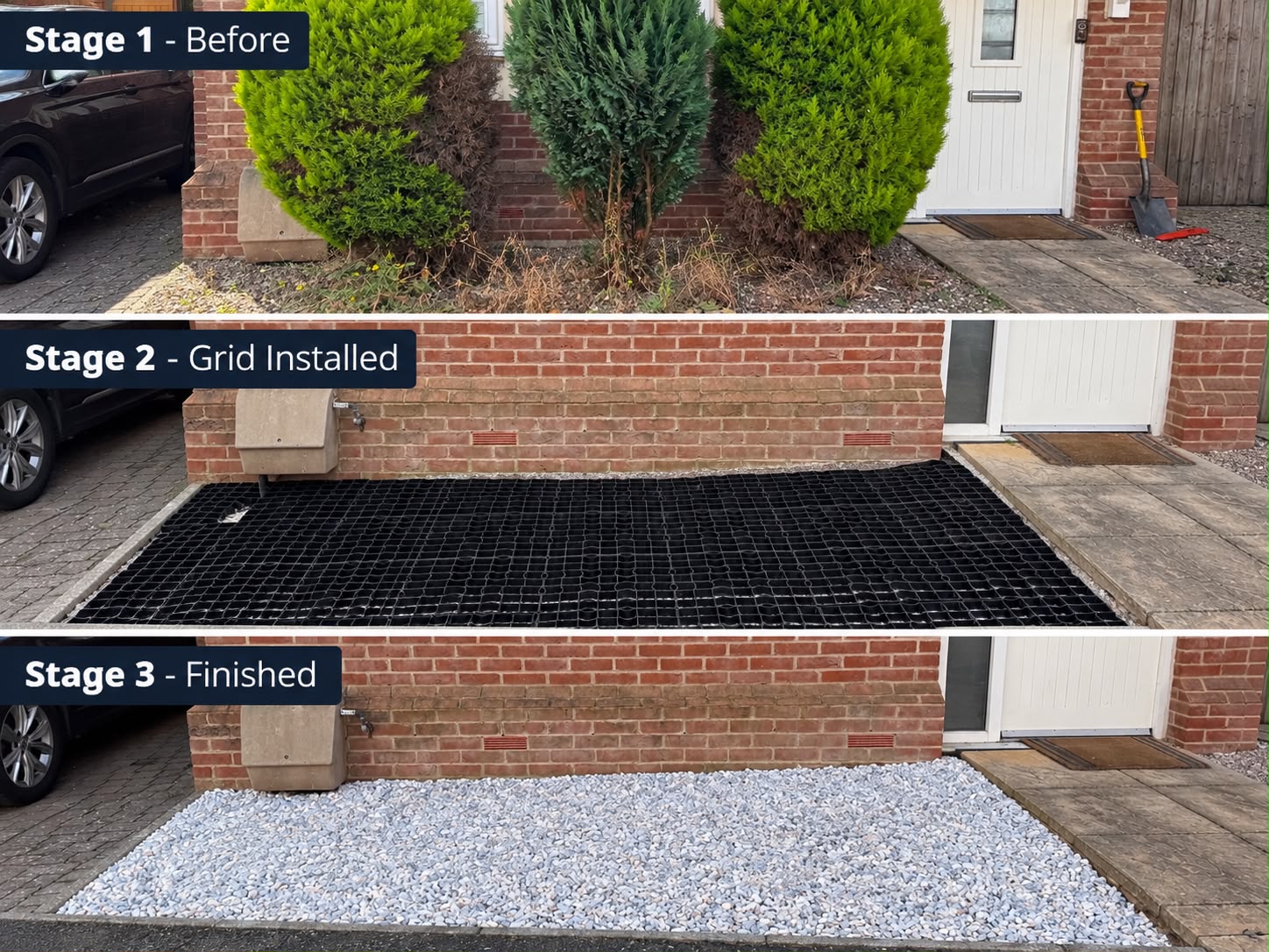Three stages of a TurnBright gravel-grid parking space finished with decorative Flamingo chippings