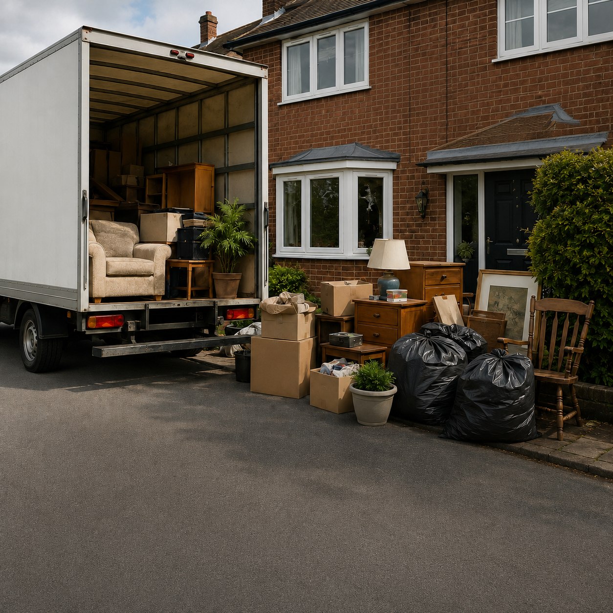 House clearance vehicle being loaded with furniture, boxes and household items