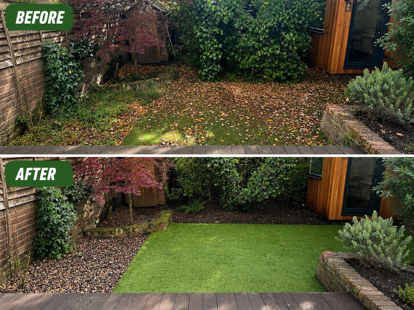 Before and after artificial grass garden finish