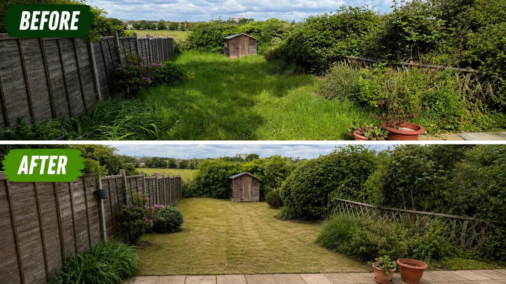 Before and after long garden lawn cut