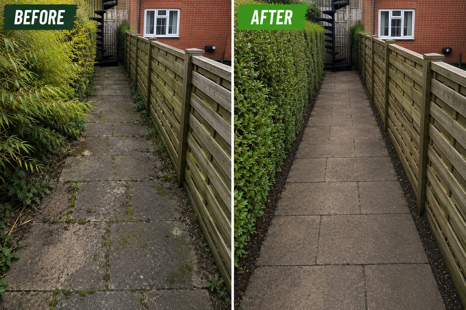 Before and after garden pathway clearance and hedge trimming