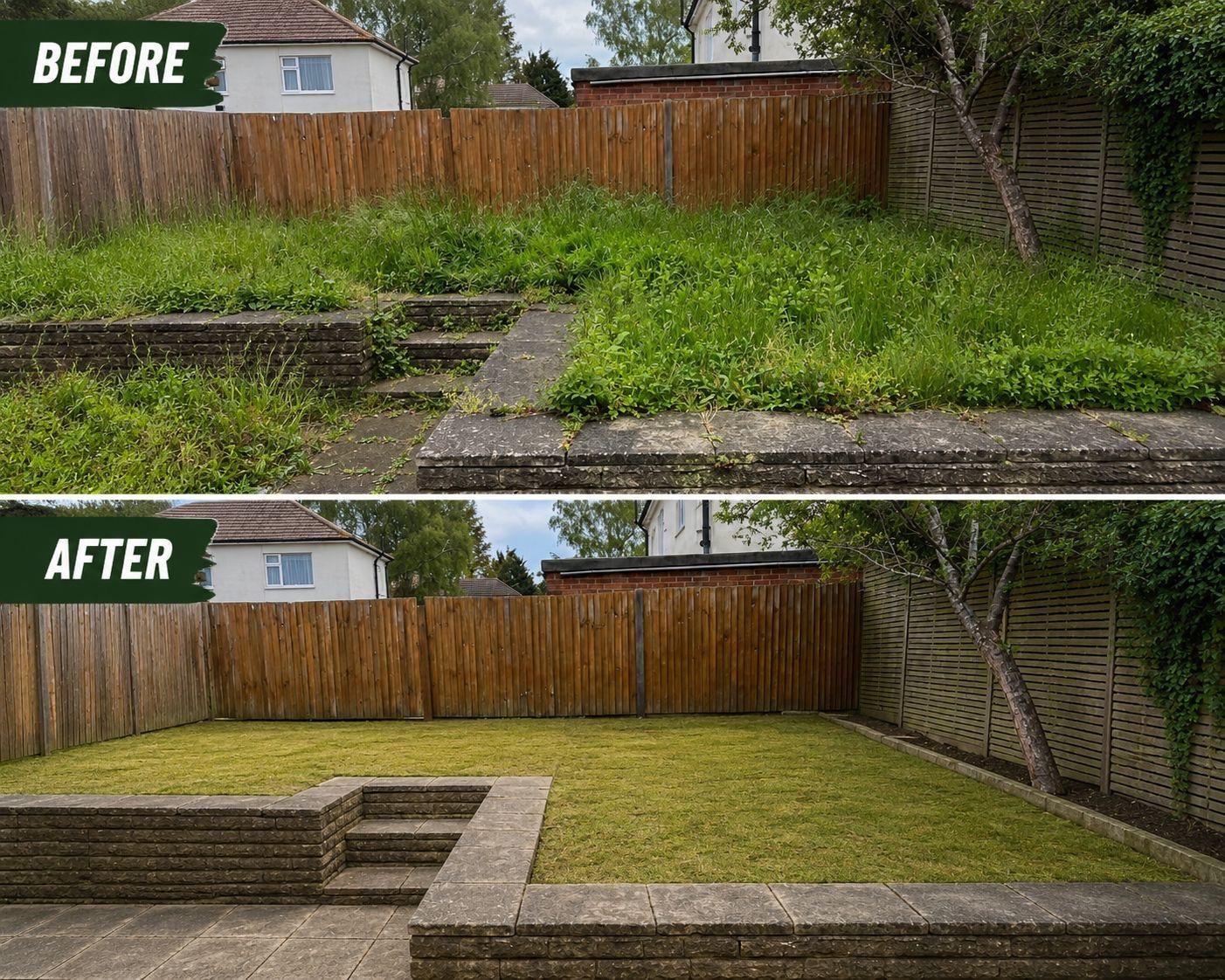 Before and after garden clearance with tidier lawn and borders